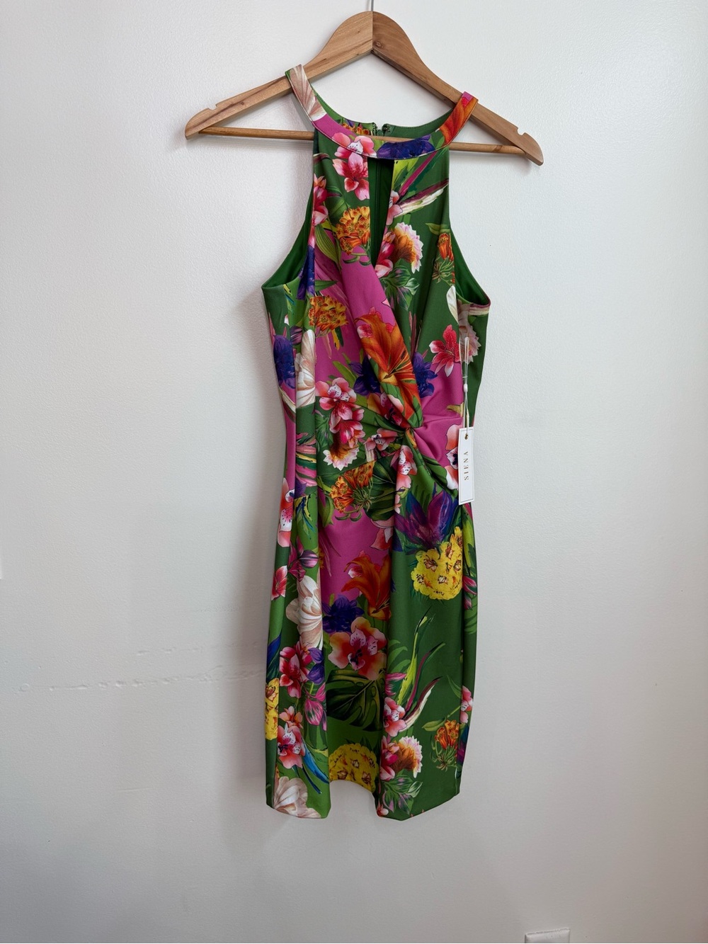 Tropical Twist Halter Midi Dress in Green and Pink